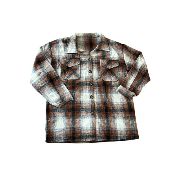 Womens Brown & Cream Plaid Button-Up Long Sleeve Shirt Jacket L - Picture 1 of 11